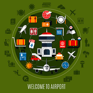 国际机场欢迎航空旅行乘客平广告海报与可用的服务符号圈绿色背景矢量插图机场服务平广告海报图片