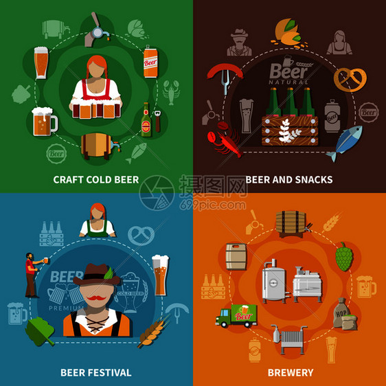 啤酒节啤酒厂过程同的小吃2x2图标彩色背景矢量插图上啤酒平板2x2套图片