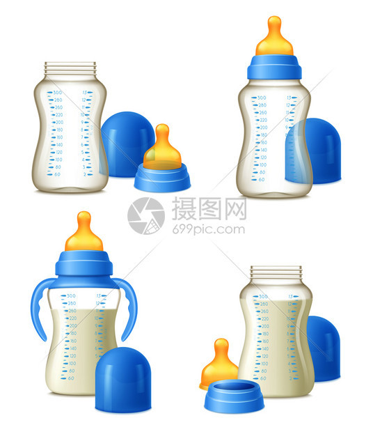 耐用的婴儿奶瓶构造器4现实的合,易于握持矢量插图婴儿瓶现实构造函数集图片