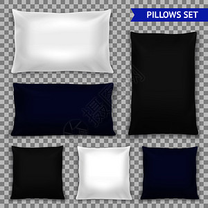 现实的卧室枕头,各种形状大小白色蓝色黑色顶部视图透明矢量插图逼真的枕头顶部透明套图片