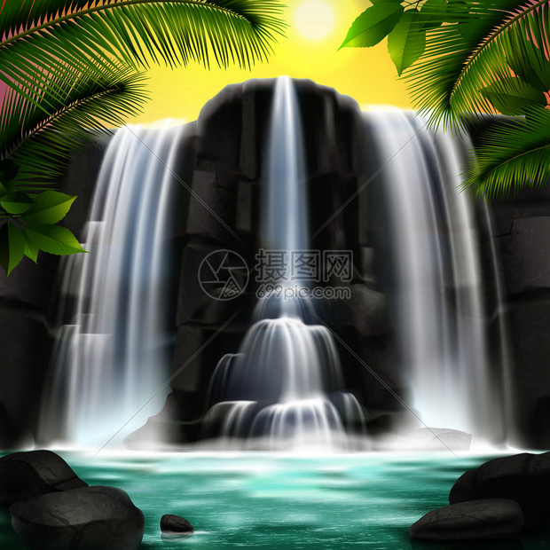 现实的瀑布背景与水岩,天空树木矢量插图瀑布现实背景图片