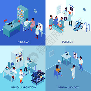 保健中心2x2与医生外科医生眼科医学实验室方形图标等距矢量插图保健中心2x2理念图片