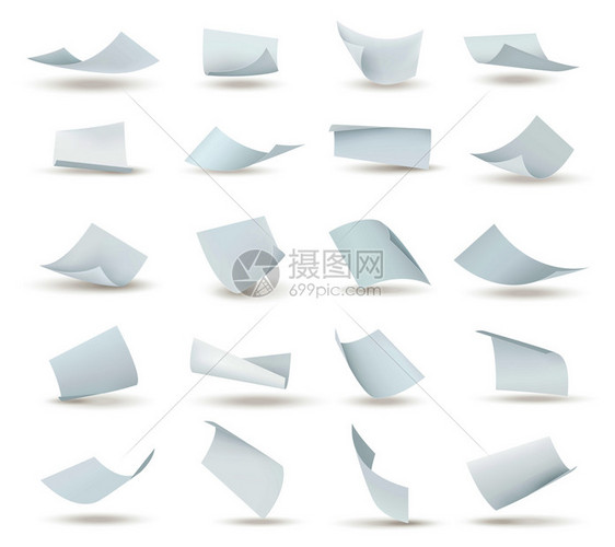 逼真的纸套飞行空白白纸与弯曲角孤立矢量插图现实的纸集图片