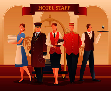 酒店微笑员工平梯度成与管理员,搬运工,服务员,门卫女佣矢量插图酒店员工平成图片