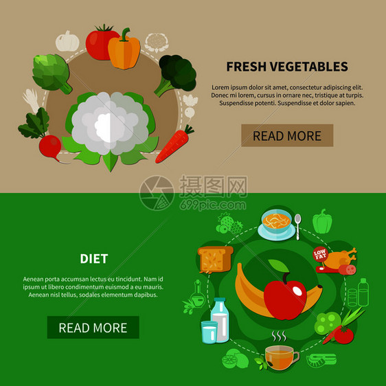 两个彩色健康饮食横幅新鲜蔬菜饮食描述矢量插图健康饮食横幅套图片