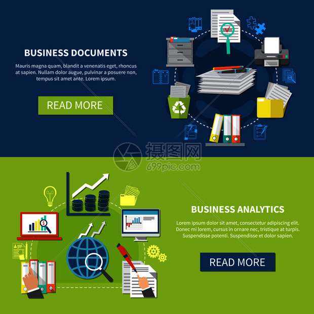 业务项目横幅与业务文档分析描述,并阅读更多按钮矢量插图业务项目横幅图片