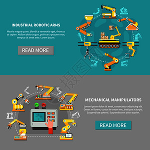两个彩色机器人手臂横幅机械机械手工业机器人手臂描述矢量插图机器人手臂横幅套图片