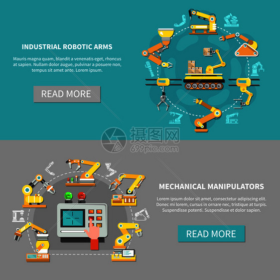 两个彩色机器人手臂横幅机械机械手工业机器人手臂描述矢量插图机器人手臂横幅套图片