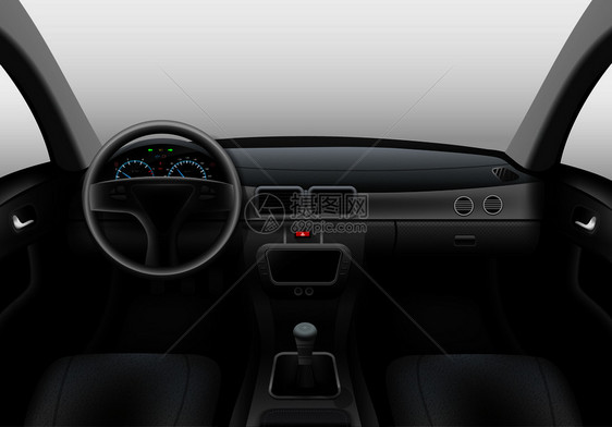 真实的汽车黑暗内部与仪表板挡风璃方向盘矢量插图汽车内部黑暗图片