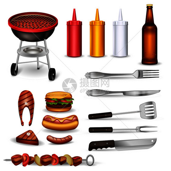烧烤装饰图标烤肉厨房用具番茄酱收集啤酒瓶隔离矢量插图烧烤装饰图标图片