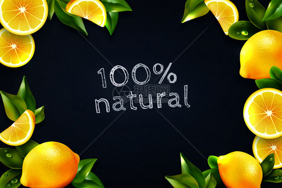 逼真的柠檬柑橘水果整体楔形咖啡馆菜单框架与黑板背景广告海报矢量插图柑橘柠檬框架黑板背景海报图片