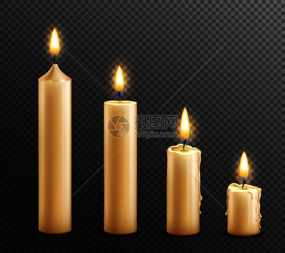 燃烧蜡蜡烛的现实4高法律安排黑暗透明的背景矢量插图燃烧蜡烛真实透明的背景图片