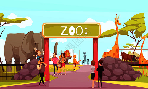 动物园入口大门卡通海报与大象长颈鹿,狮子,野生动物游客领土矢量插图动物园入口大门卡通插图插画