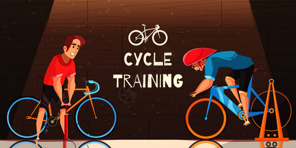 道路电路循环赛车室内训练与固定自行车试验运动员泵轮胎矢量卡通插图循环赛车训练卡通插图图片