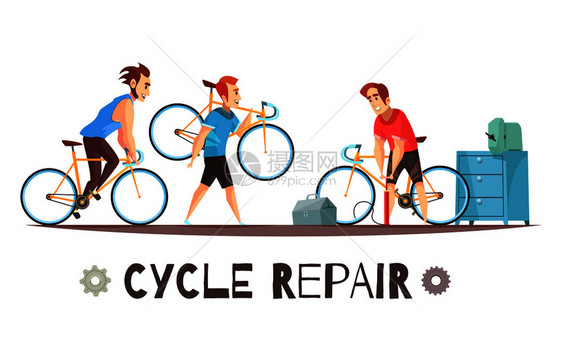 自行车维修技工店与工具包设备2自行车与坏自行车卡通广告矢量插图自行车修理机械卡通构图图片