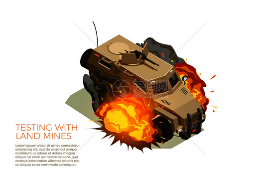 队装甲战车测试等距海报与文字图像矢量插图用车辆测试等距成分图片