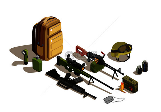 陆人员事装备与个人战斗猎烧瓶背包等距矢量插图队人员等距事装备图片