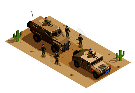 陆机械化步兵沙漠作战制服与装甲车等距成矢量插图用车辆等距成图片