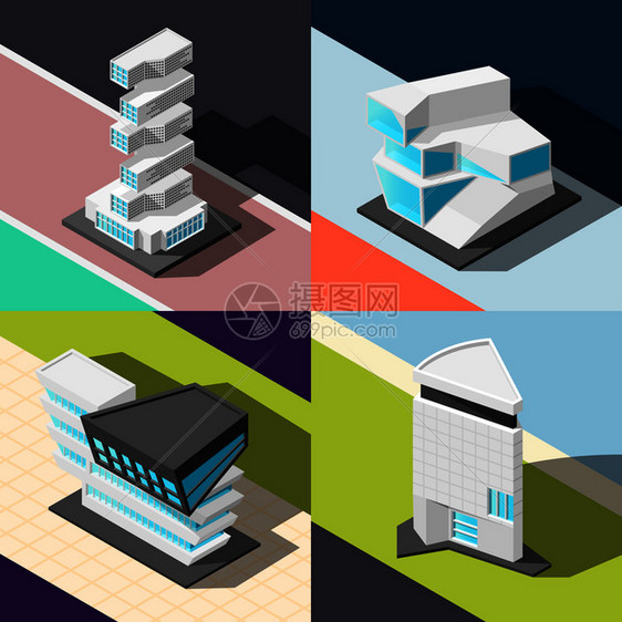 未来主义建筑2x2与四个方形元素展示抽象建筑的原始寻常的等距矢量插图未来主义建筑2x2理念图片