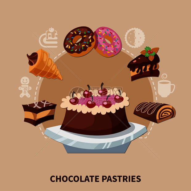 巧克力糕点圆形构图与蛋糕,瑞士卷,甜甜圈米色背景平矢量插图巧克力糕点圆形合物图片