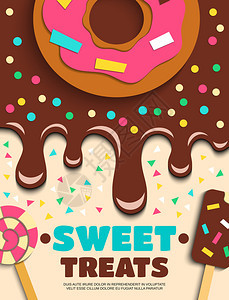 甜食,用于派甜点课程,开胃糖果广告海报与甜甜圈巧克力结霜矢量插图糖果甜点包店糖果海报图片