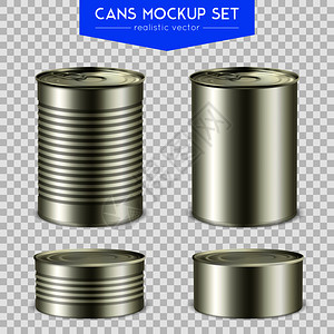 四个逼真的圆柱形锡模拟罐,各种高度与顶部底部透明背景矢量插图现实的圆柱形罐模型集图片