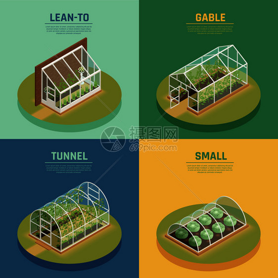 温室温室品种4等距图标正方形与温室电缆支持绿色植物拱形温室孤立矢量插图温室温室温室温室等距图片