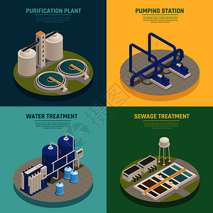 水清洗系统4等距图标正方形与净化厂污水处理背景隔离矢量插图废水净化等距图标正方形图片