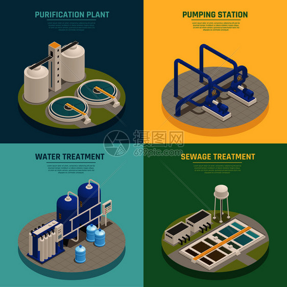 水清洗系统4等距图标正方形与净化厂污水处理背景隔离矢量插图废水净化等距图标正方形图片