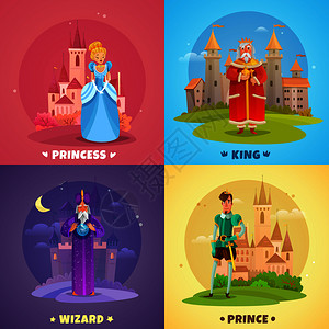 童话英雄2x2集公主王子巫师卡通人物矢量插图童话人物2x2理念图片