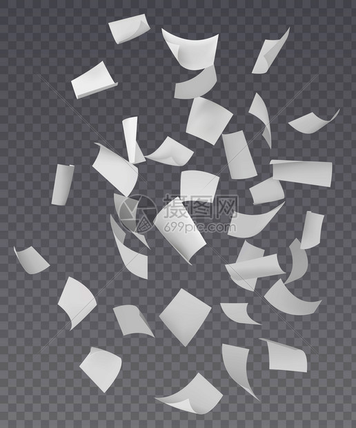 混沌落飞空白纸与弯曲的角落透明的背景现实矢量插图混乱的坠落飞纸图片