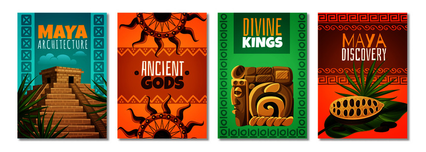 玛雅文明卡通海报与神王古神建筑地标装饰符号孤立矢量插图玛雅文明卡通海报图片
