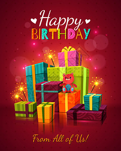 生日快乐,红色背景,祝贺文字,烟花,许多礼品盒泰迪熊矢量插图生日快乐的背景图片