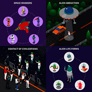 各种外星人物进入与人接触2x2彩色等距图标三维孤立矢量插图外星字符2x2等距集图片