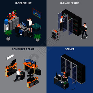 等距2x2图标与信息技术工程师计算机修复专家三维孤立矢量插图它工程师2x2图标图片