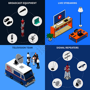 彩色等距2x2电信图标与各种广播设备电视队电子设备三维孤立矢量插图电信2x2图标图片