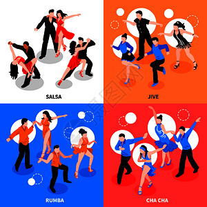 萨尔萨,Jive,伦巴,恰恰矢量插图中,与同伴跳舞舞蹈等距人的图片