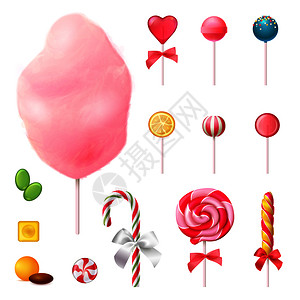 糖果套现实的图标与装饰棒棒糖,棉花糖棍子上,彩色卡莱尔矢量插图糖果现实图标图片