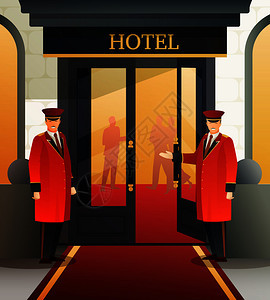 门卫穿着红色制服,靠近敞开的门,邀请酒店,平梯度构图矢量插图酒店门卫公寓成图片