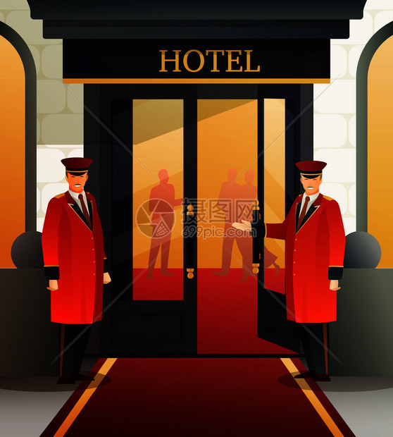 门卫穿着红色制服,靠近敞开的门,邀请酒店,平梯度构图矢量插图酒店门卫公寓成图片