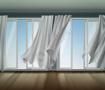 打开窗户,白色框架轻巧的透明窗帘风中翻滚,木制地板矢量插图滚滚的窗帘打开窗户插图图片