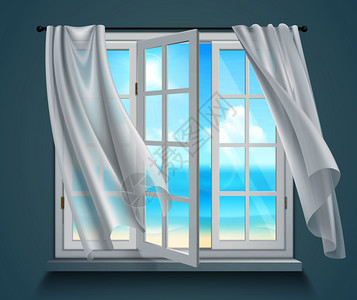 打开窗户,用滚滚的白色窗帘,蓝色灰色背景的三维矢量插图上观看大海窗户上滚滚的白色窗帘图片