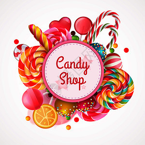 糖果店圆形框架背景与现实的水果棒棒糖与喷头,螺旋彩色糖果矢量插图糖果店圆形框架背景图片