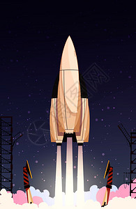 技术成与地飞的运载火箭与垂直塔的发射垫矢量图火箭飞成插画