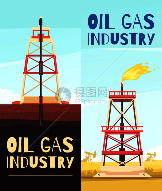 两个垂直采油横幅,以查看油井井架可编辑的文本矢量插图炼油风险横幅图片