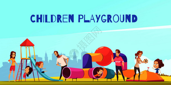 儿童操场作文与城市风景操场涂鸦人物的父母与他们的孩子玩矢量插图家庭操场孩子作文图片