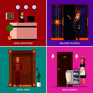 酒店服务2x2集的方形图标与门卫接待员,女仆,侍者,卡通人物矢量插图酒店员工2x2理念图片