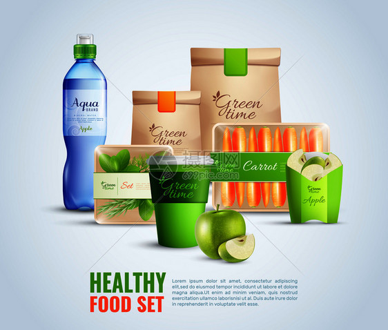 健康街头食品饮料的包装模板与品牌认同,构图上的光背景矢量插图健康食品包装模板插图图片
