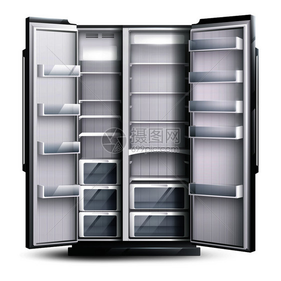 冰箱单色与打开的空更宽的冰箱白色背景上的现实风格矢量插图打开更宽的空冰箱图片