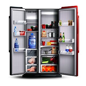 打开冰箱,两个红色黑色的门,充满新鲜的产品,现实风格的孤立矢量插图红色开放冰箱与产品图片